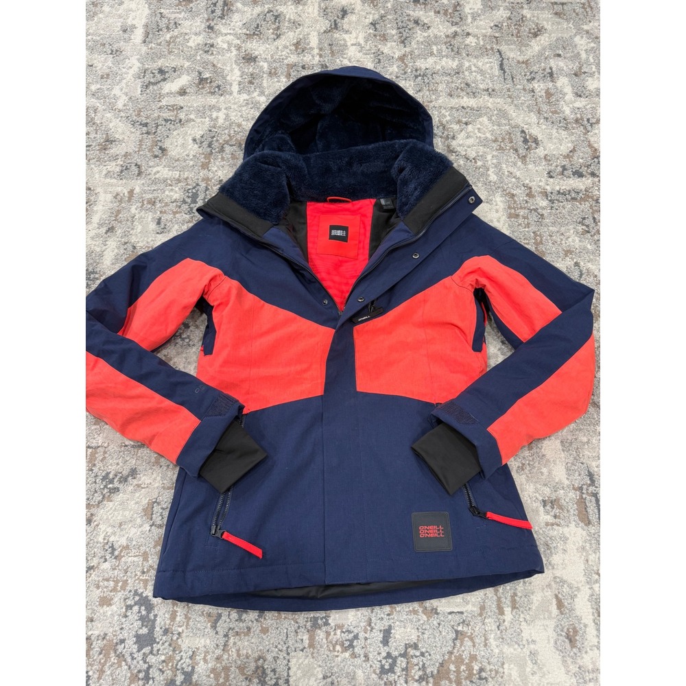 ONeill Womens Snowboard Ski Jacket Navy Blue Coral Red Faux Fur Hood Small